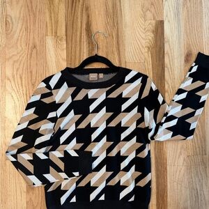 BOSS Black, White & Tan Geometric Houndstooth Sweater